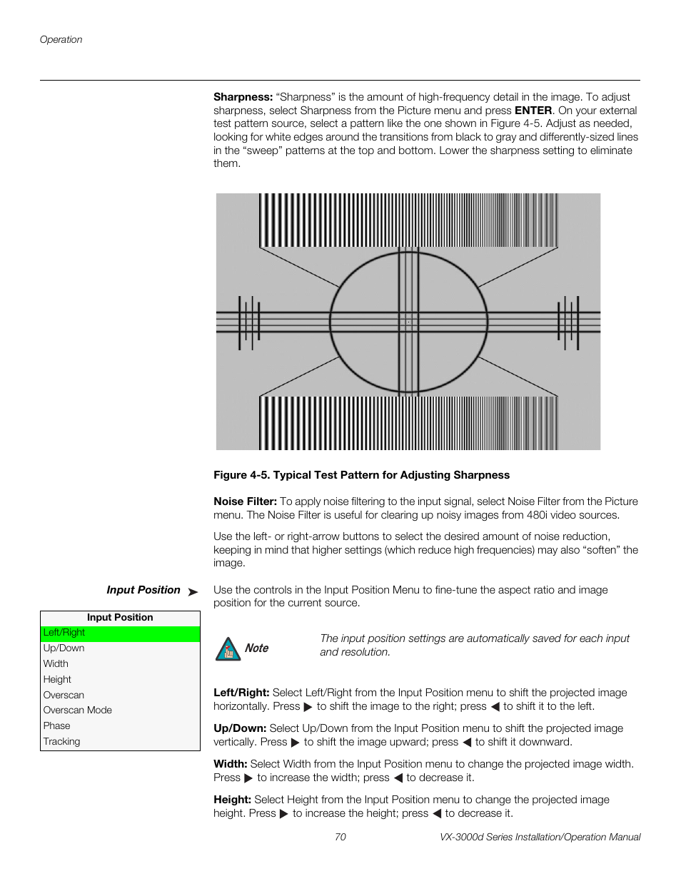 Sharpness, Noise filter, Input position | Left/right, Up/down, Width, Height, 5. typical test pattern for adjusting sharpness, Pre l iminar y | Runco CINEWIDETM VX-3000D User Manual | Page 86 / 124