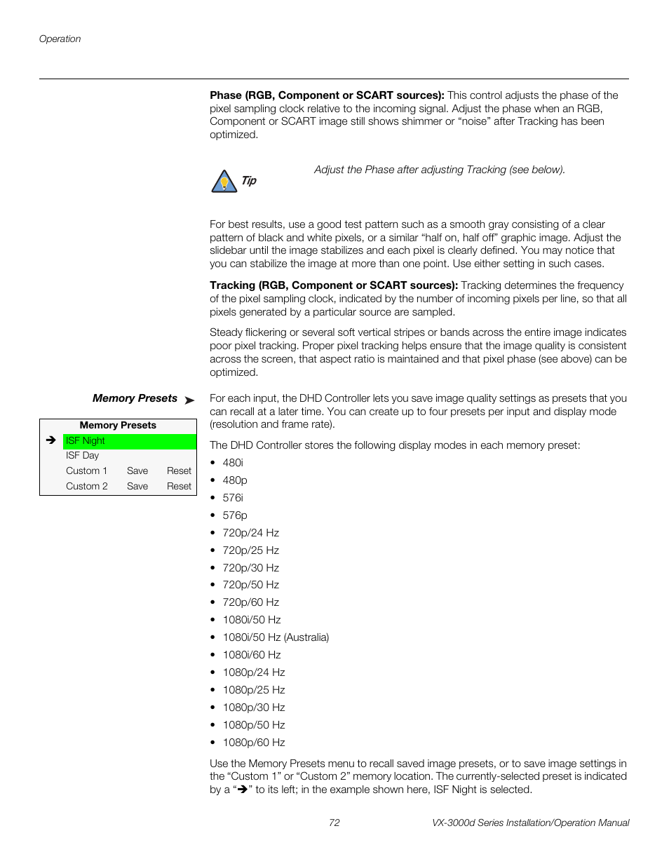 Phase (rgb, component or scart sources), Tracking (rgb, component or scart sources), Memory presets | Pre l iminar y | Runco CINEWIDETM VX-3000D User Manual | Page 88 / 124