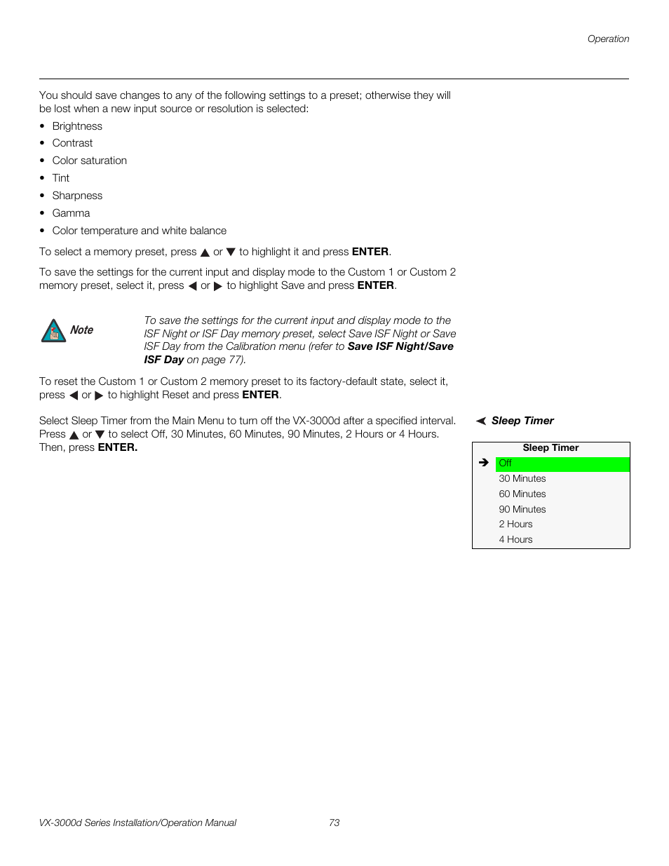 Sleep timer, Pre l iminar y | Runco CINEWIDETM VX-3000D User Manual | Page 89 / 124