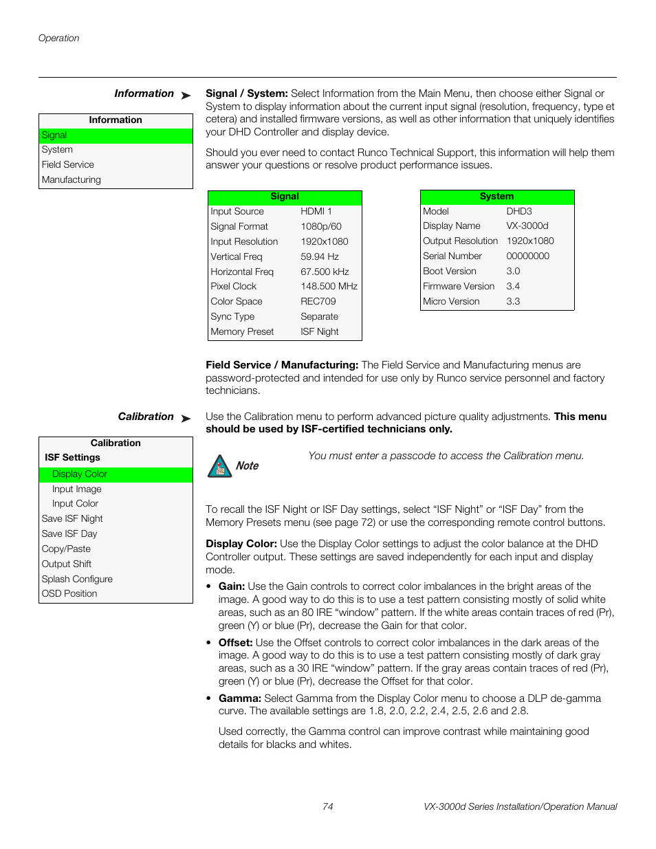 Information, Signal / system, Field service / manufacturing | Calibration, Display color, Pre l iminar y | Runco CINEWIDETM VX-3000D User Manual | Page 90 / 124