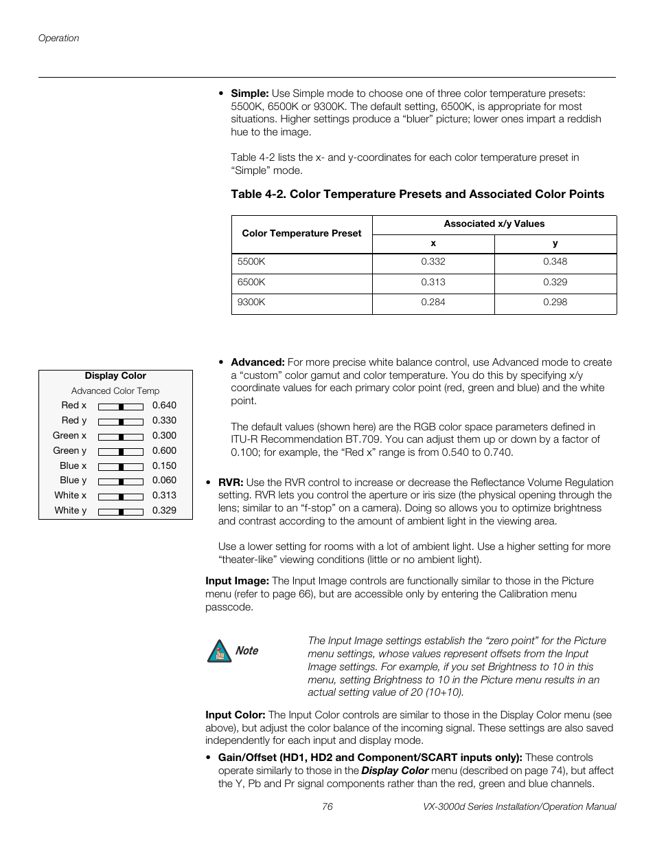 Input image, Input color, Pre l iminar y | Runco CINEWIDETM VX-3000D User Manual | Page 92 / 124