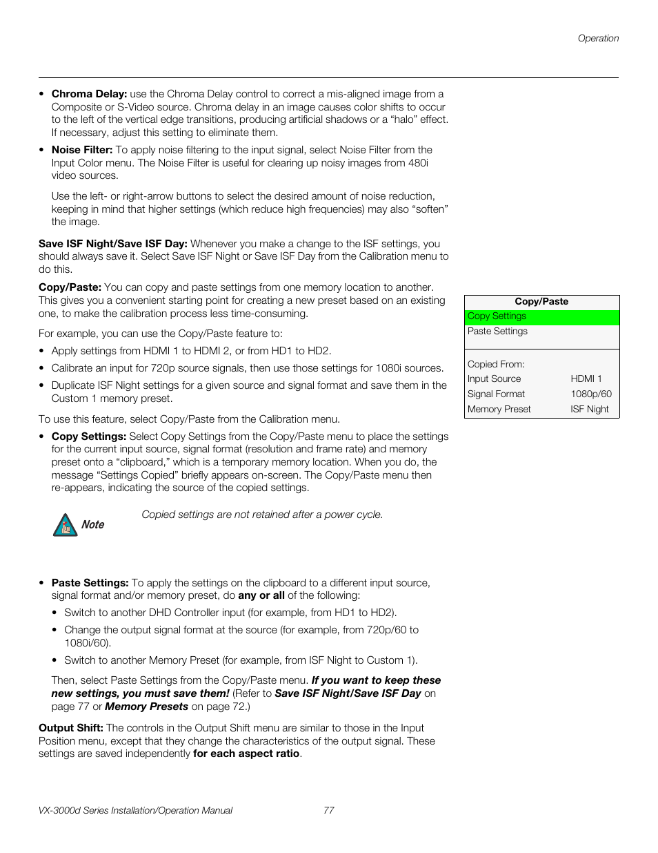 Save isf night/save isf day, Copy/paste, Output shift | Pre l iminar y | Runco CINEWIDETM VX-3000D User Manual | Page 93 / 124