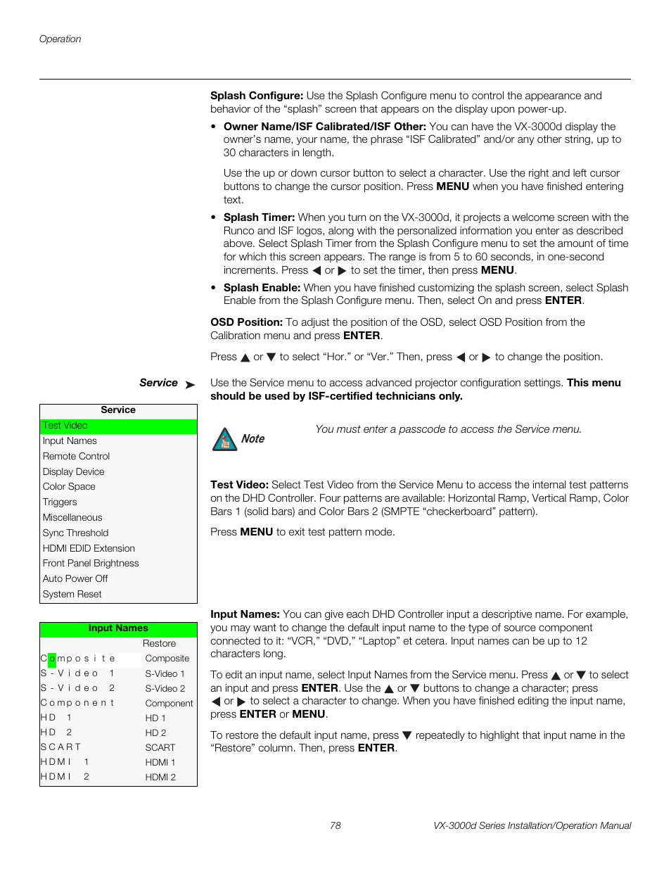 Splash configure, Osd position, Service | Test video, Input names, Iminar, Ct service fro, Pre l iminar y | Runco CINEWIDETM VX-3000D User Manual | Page 94 / 124