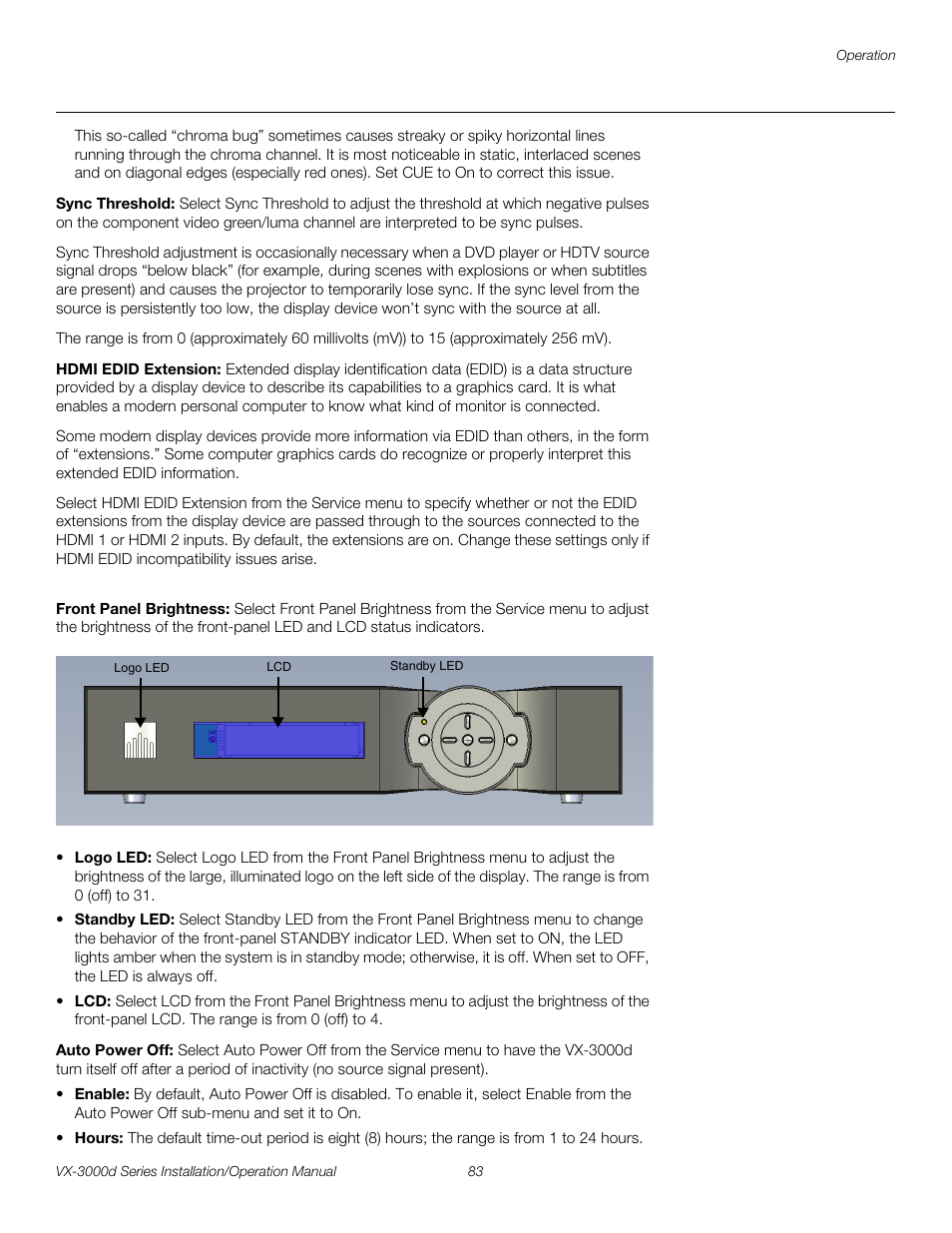 Sync threshold, Hdmi edid extension, Front panel brightness | Auto power off, Pre l iminar y | Runco CINEWIDETM VX-3000D User Manual | Page 99 / 124