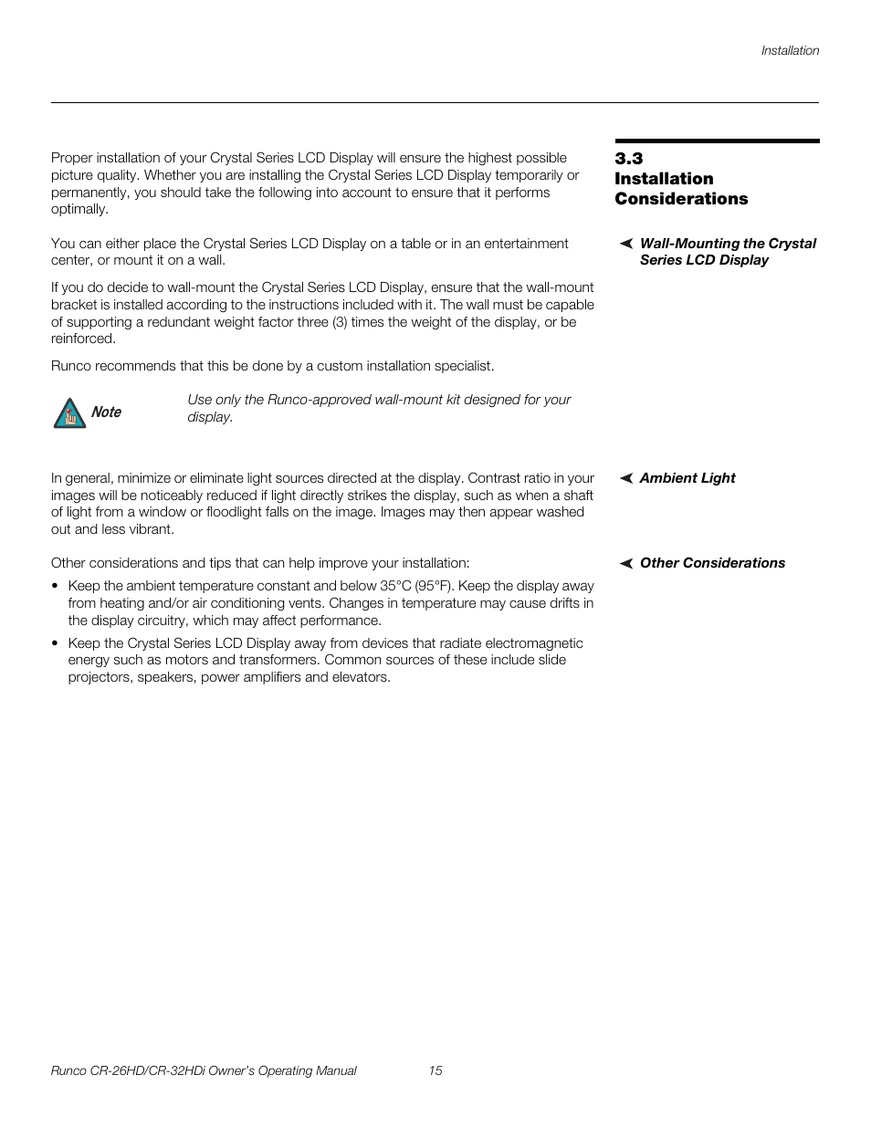 3 installation considerations, Wall-mounting the crystal series lcd display, Ambient light | Other considerations, Installation considerations, Pre l iminar y | Runco CR-26HD User Manual | Page 25 / 68