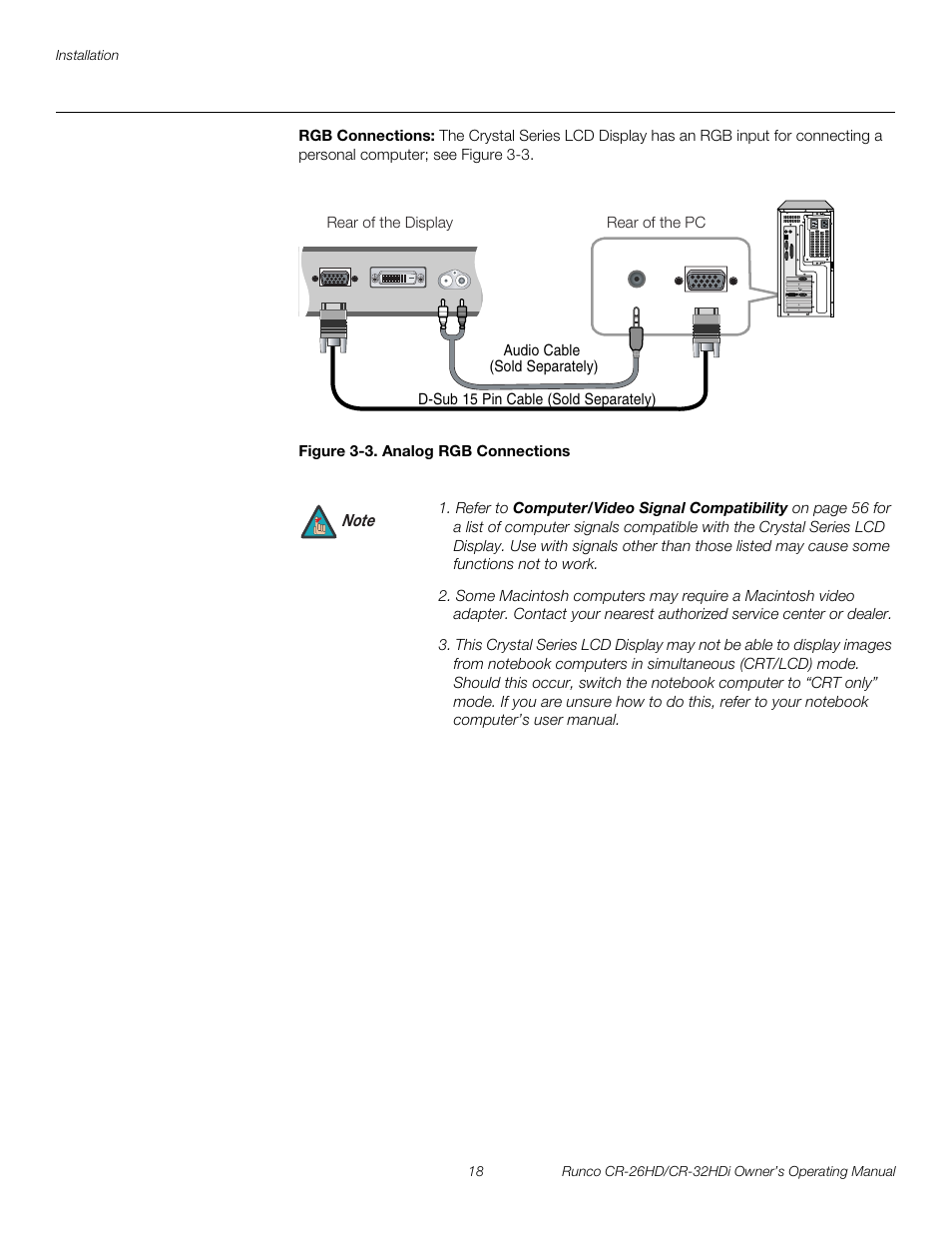 Rgb connections, Figure 3-3 . analog rgb connections, 3. analog rgb connections | Pre l iminar y | Runco CR-26HD User Manual | Page 28 / 68