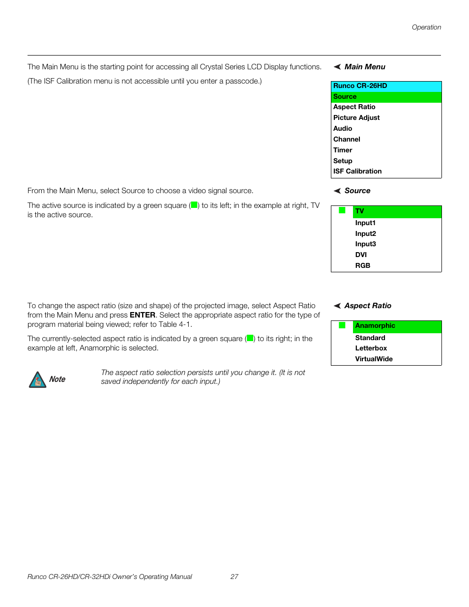 Main menu, Source, Aspect ratio | Pre l iminar y | Runco CR-26HD User Manual | Page 37 / 68