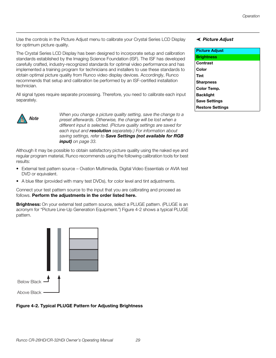 Picture adjust, Brightness, 2. typical pluge pattern for adjusting brightness | Pre l iminar y | Runco CR-26HD User Manual | Page 39 / 68