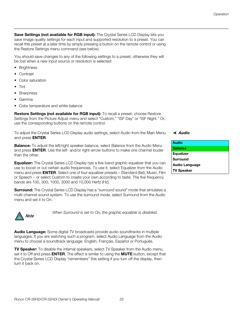 Save settings (not available for rgb input), Restore settings (not available for rgb input), Audio | Balance, Equalizer, Surround, Audio language, Tv speaker, Pre l iminar y | Runco CR-26HD User Manual | Page 43 / 68