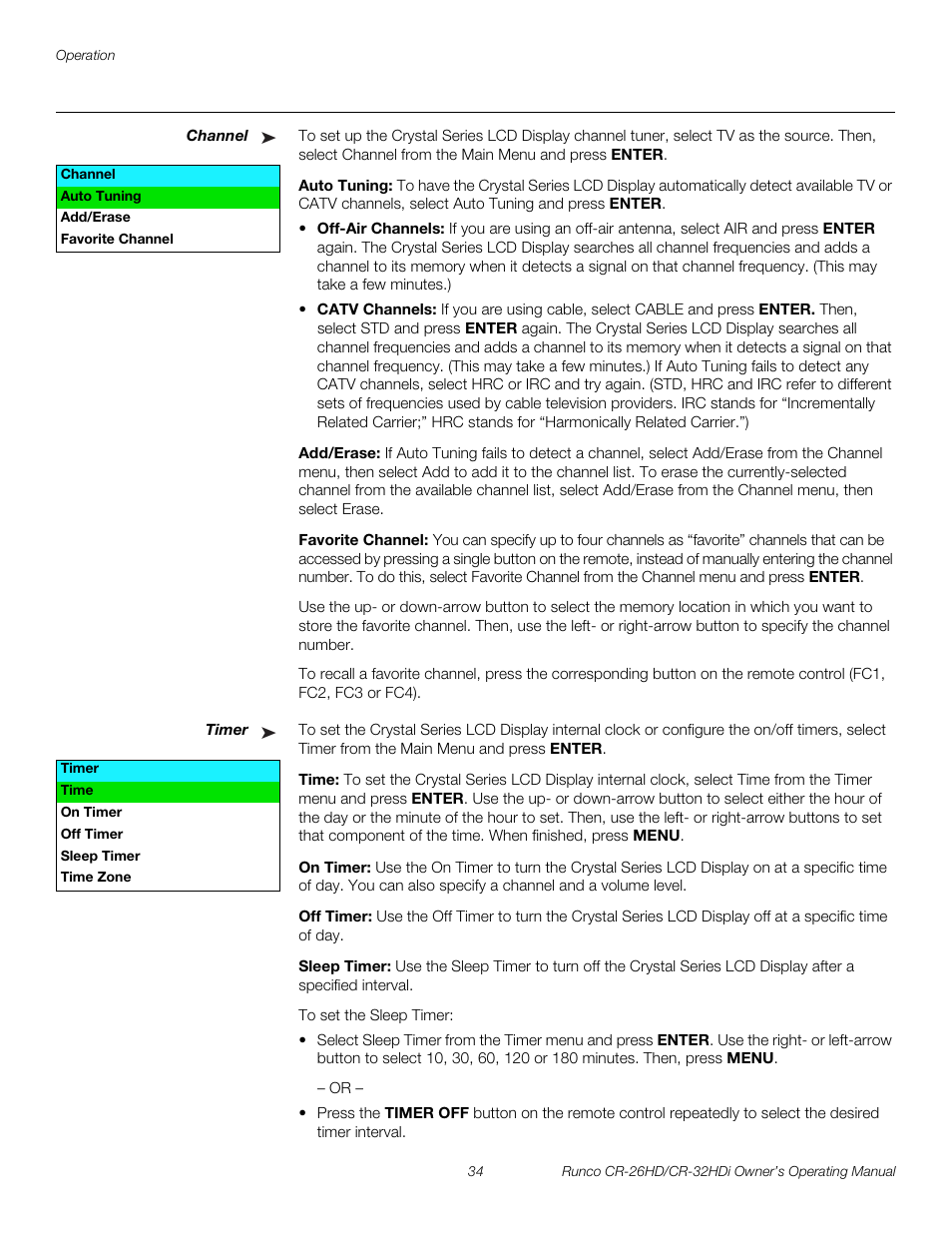 Channel, Auto tuning, Add/erase | Favorite channel, Timer, Time, On timer, Off timer, Sleep timer, Pre l iminar y | Runco CR-26HD User Manual | Page 44 / 68
