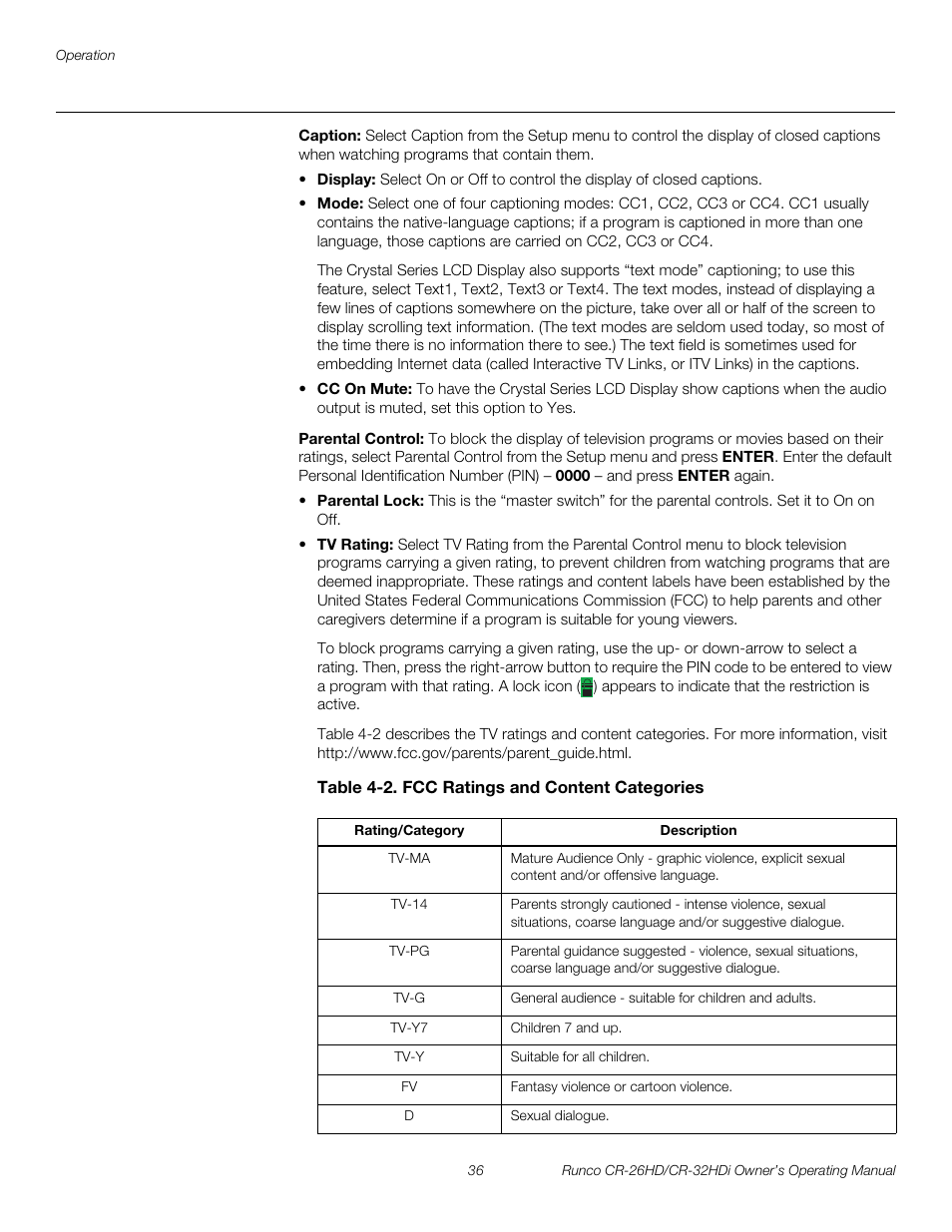 Caption, Parental control, Table 4-2 . fcc ratings and content categories | Pre l iminar y | Runco CR-26HD User Manual | Page 46 / 68