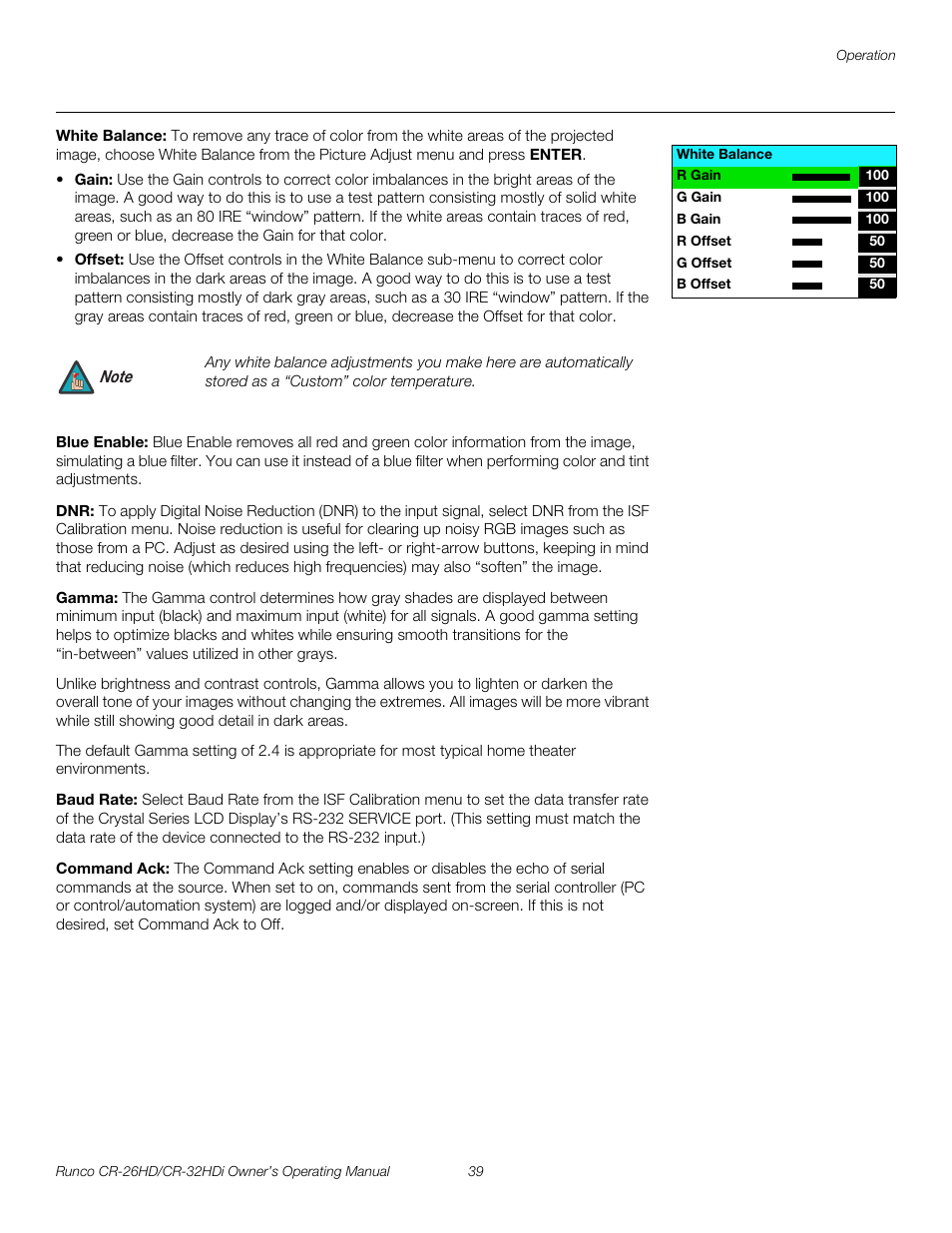 White balance, Blue enable, Gamma | Baud rate, Command ack, Pre l iminar y | Runco CR-26HD User Manual | Page 49 / 68
