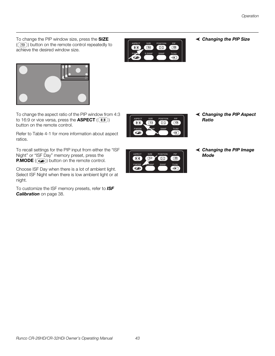 Changing the pip size, Changing the pip aspect ratio, Changing the pip image mode | Iminar, Pre l iminar y | Runco CR-26HD User Manual | Page 53 / 68