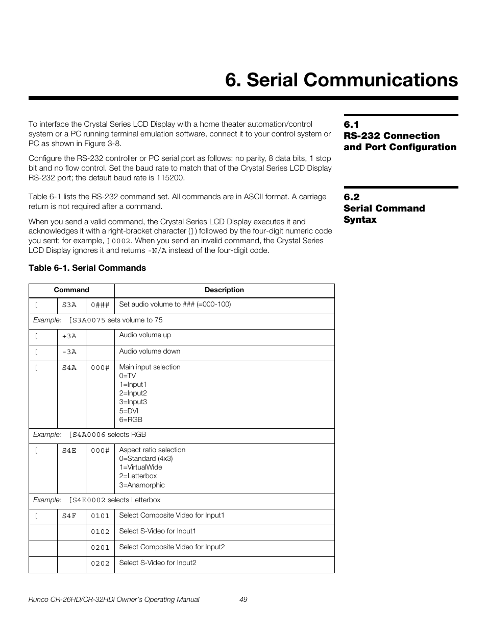 Serial communications, 1 rs-232 connection and port configuration, 2 serial command syntax | Table 6-1 . serial commands, Rs-232 connection and port configuration, Serial command syntax, Pre l iminar y | Runco CR-26HD User Manual | Page 59 / 68