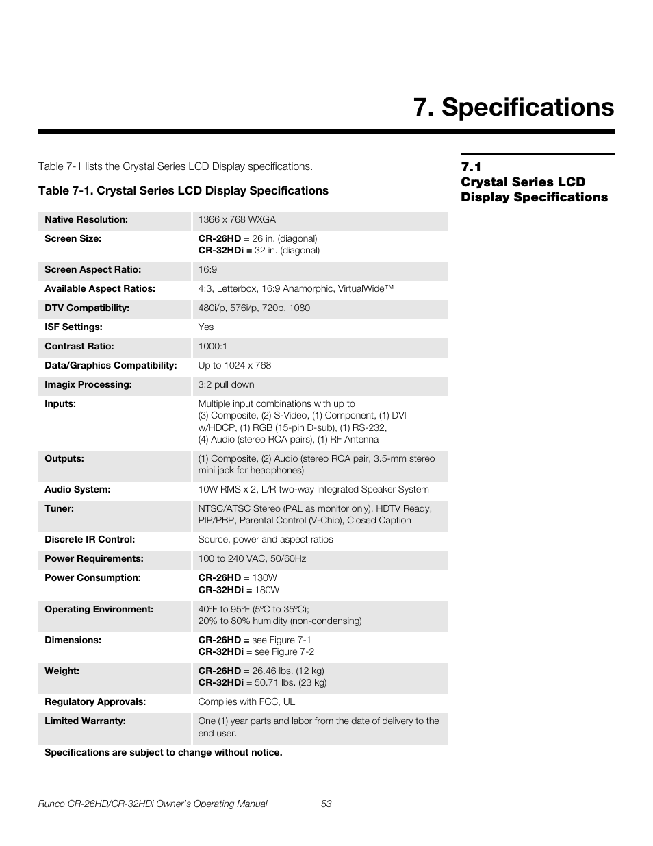 Specifications, 1 crystal series lcd display specifications, Crystal series lcd display specifications | Pre l iminar y | Runco CR-26HD User Manual | Page 63 / 68
