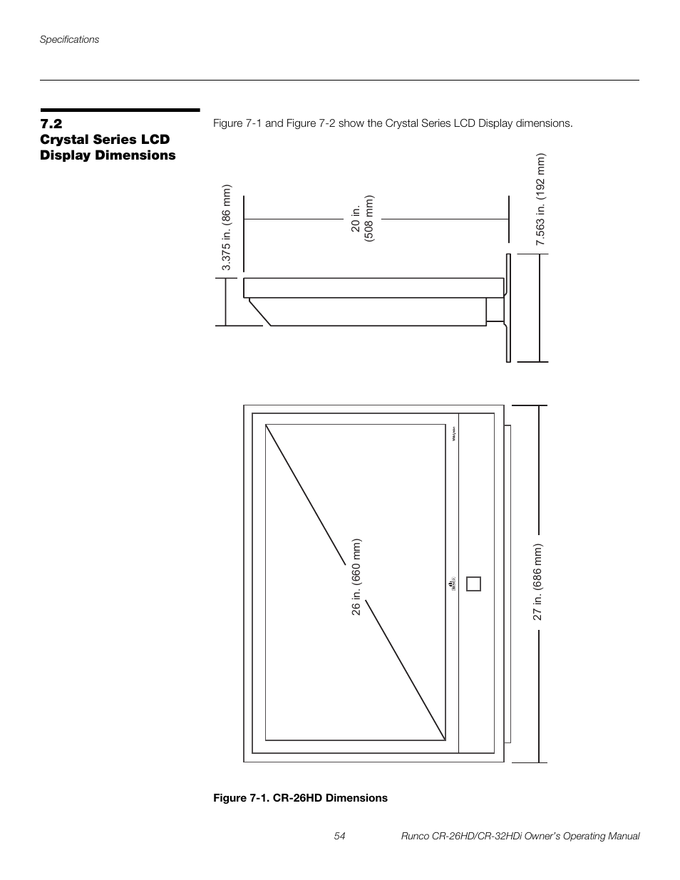 2 crystal series lcd display dimensions, Figure 7-1 . cr-26hd dimensions, Crystal series lcd display dimensions | 1. cr-26hd dimensions, Preli m inary | Runco CR-26HD User Manual | Page 64 / 68