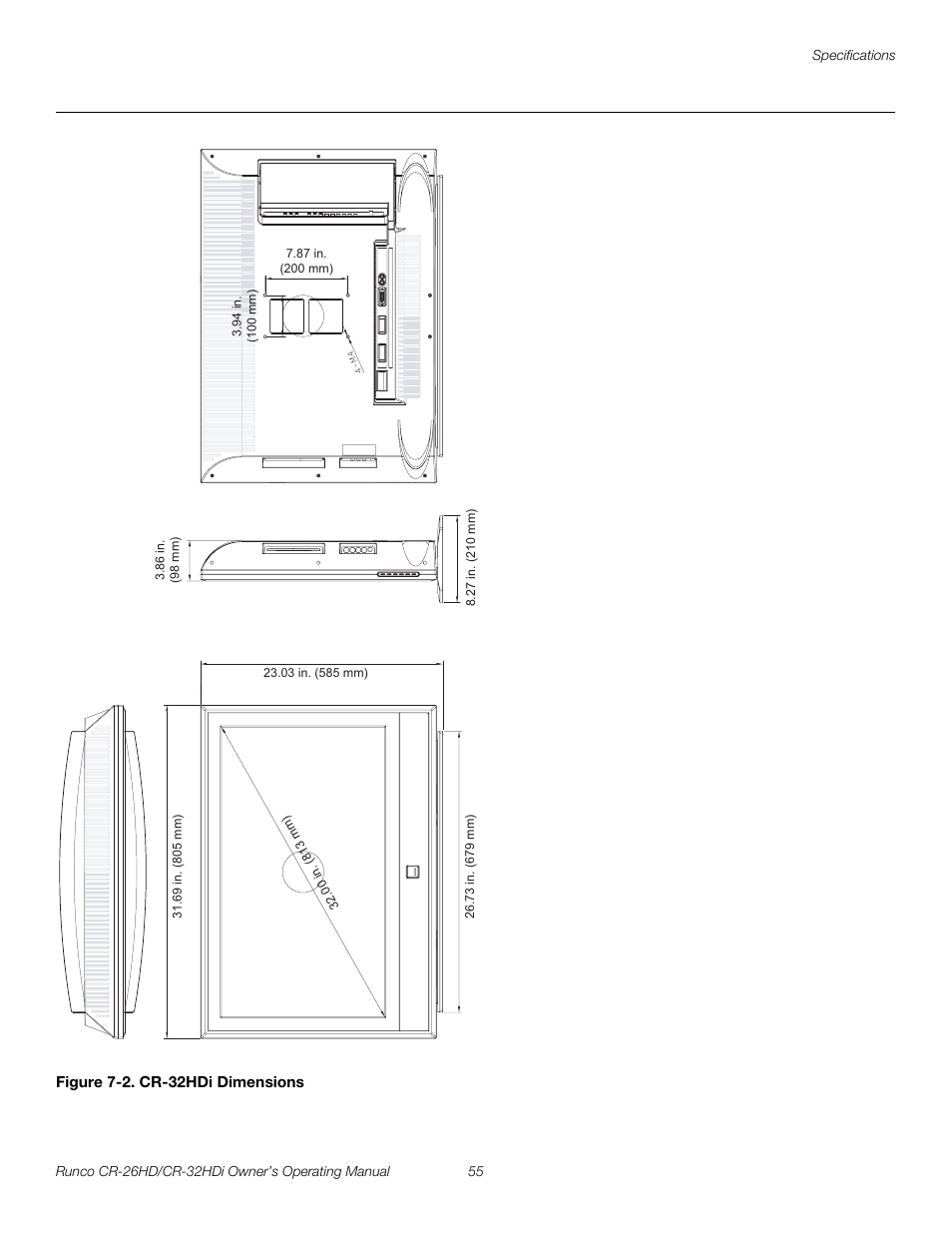 Figure 7-2 . cr-32hdi dimensions, 2. cr-32hdi dimensions, Pre l iminar y | Runco CR-26HD User Manual | Page 65 / 68