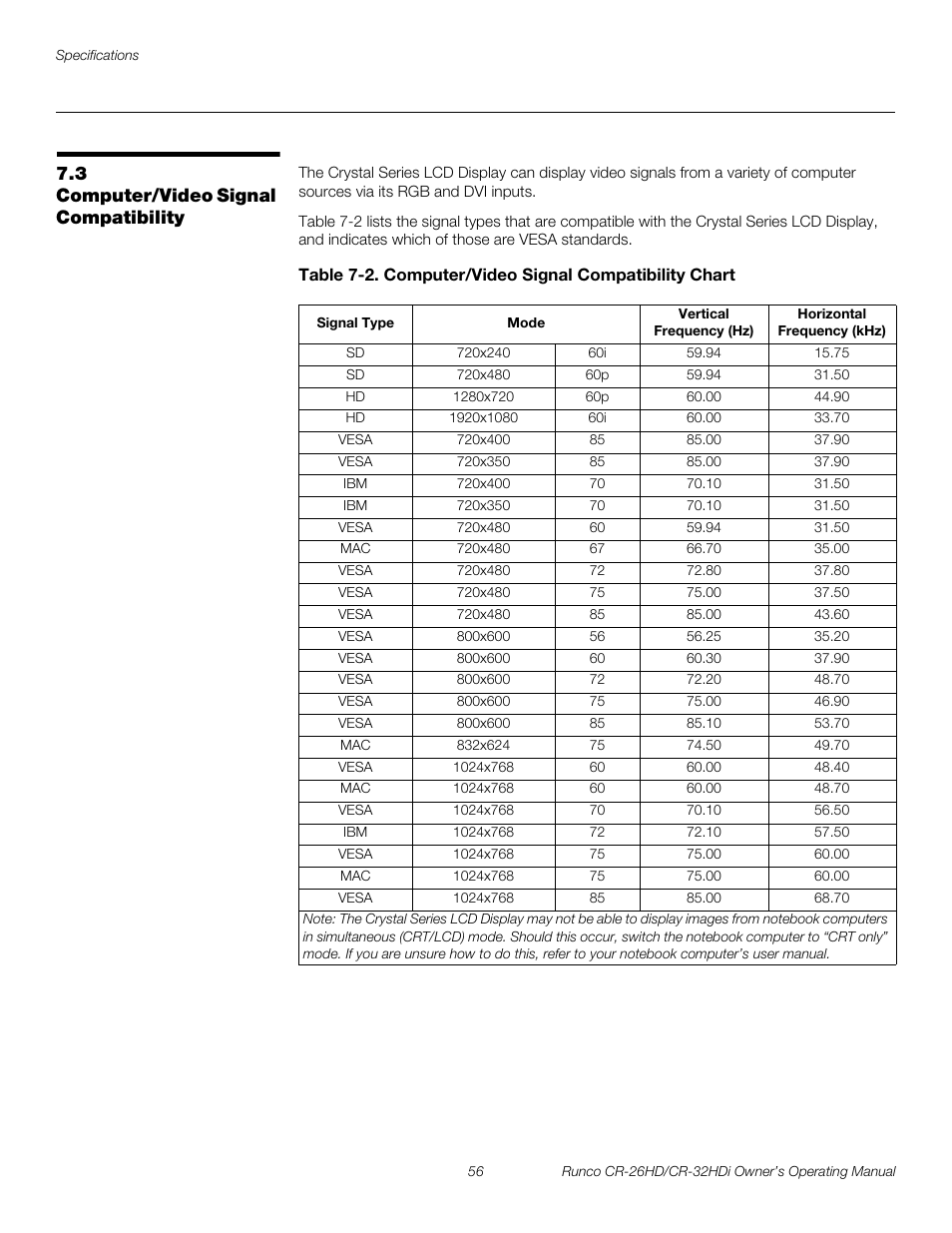 3 computer/video signal compatibility, Computer/video signal compatibility, Preli m inary | Runco CR-26HD User Manual | Page 66 / 68