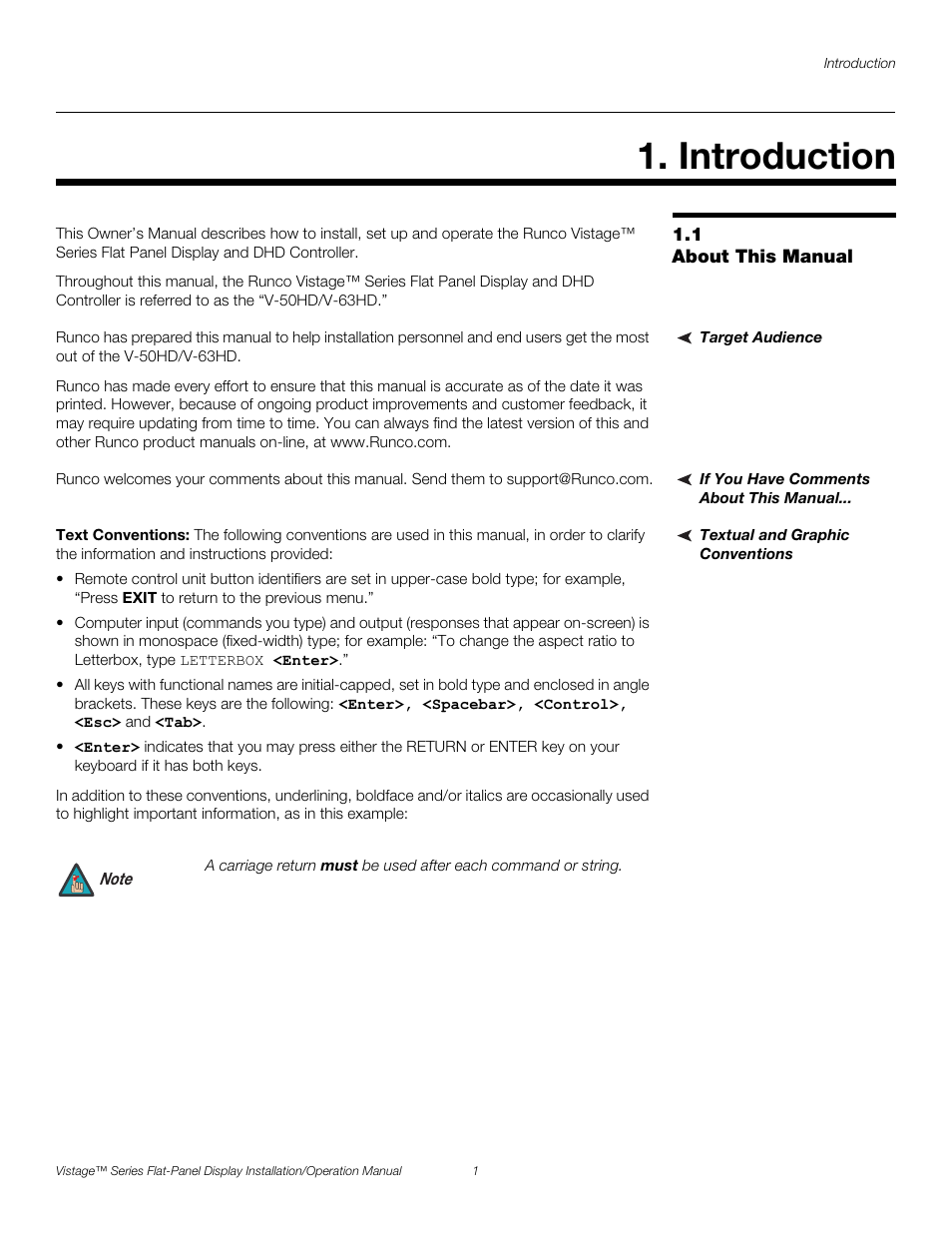 Introduction, 1 about this manual, Target audience | If you have comments about this manual, Textual and graphic conventions, Text conventions, About this manual, Pre l iminar y | Runco VISTAGE V-50HD User Manual | Page 15 / 94