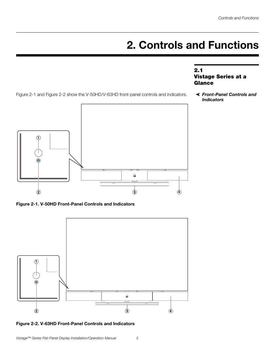 Controls and functions, 1 vistage series at a glance, Front-panel controls and indicators | Iminar, Vistage series at a glance, 1. v-50hd front-panel controls and indicators, 2. v-63hd front-panel controls and indicators, Pre l iminar y | Runco VISTAGE V-50HD User Manual | Page 19 / 94