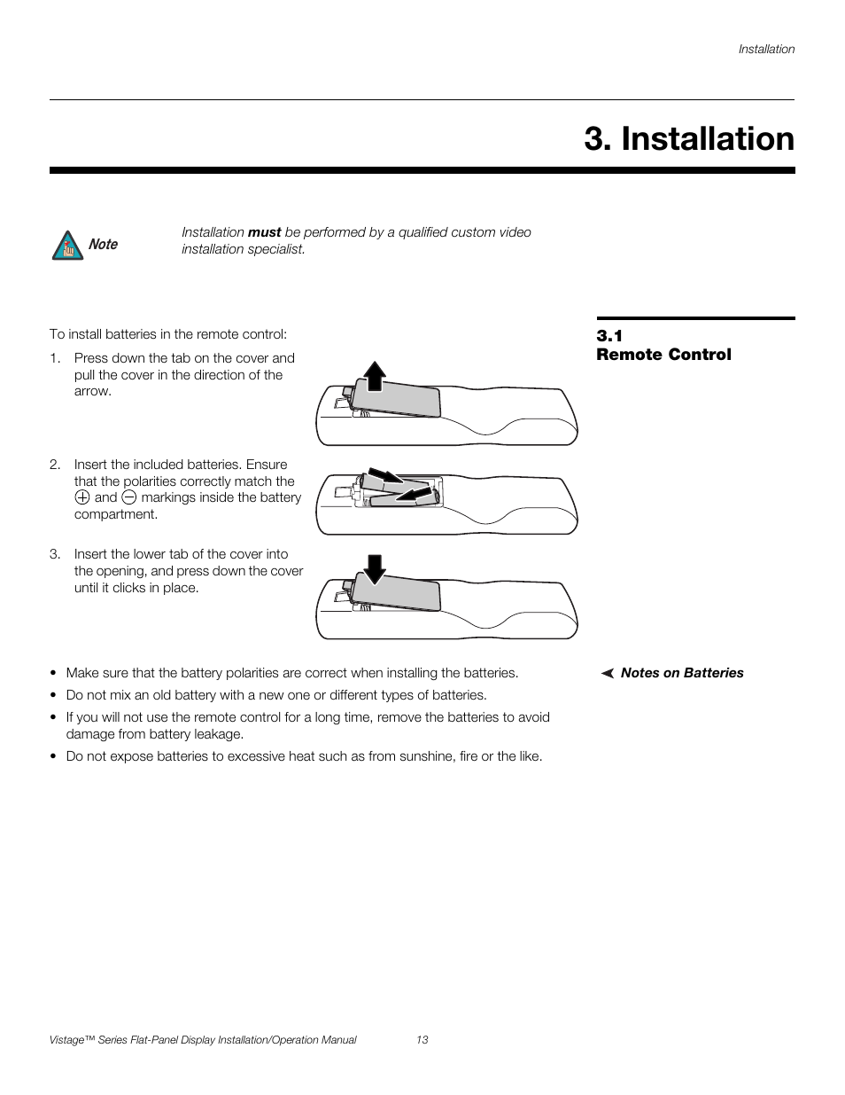Installation, 1 remote control, Notes on batteries | Remote control, Pre l iminar y | Runco VISTAGE V-50HD User Manual | Page 27 / 94