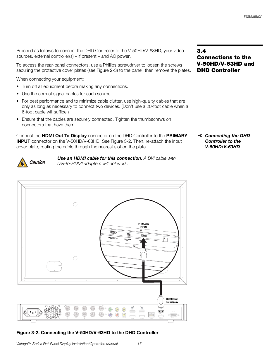 Connecting the dhd controller to the v-50hd/v-63hd, Pre l iminar y, Caution | Runco VISTAGE V-50HD User Manual | Page 31 / 94