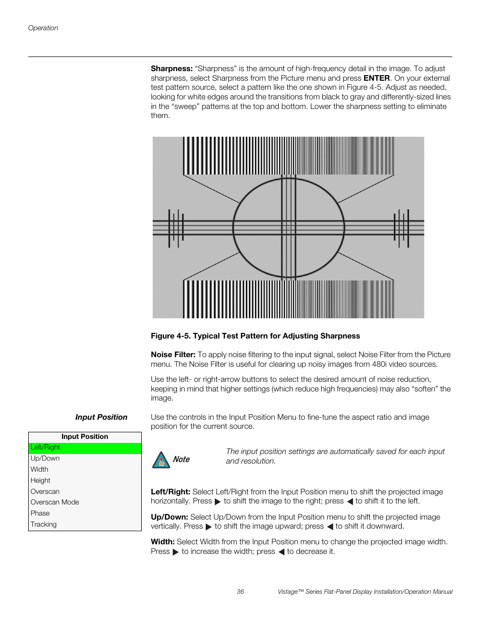 Sharpness, Noise filter, Input position | Left/right, Up/down, Width, 5. typical test pattern for adjusting sharpness, Pre l iminar y | Runco VISTAGE V-50HD User Manual | Page 50 / 94