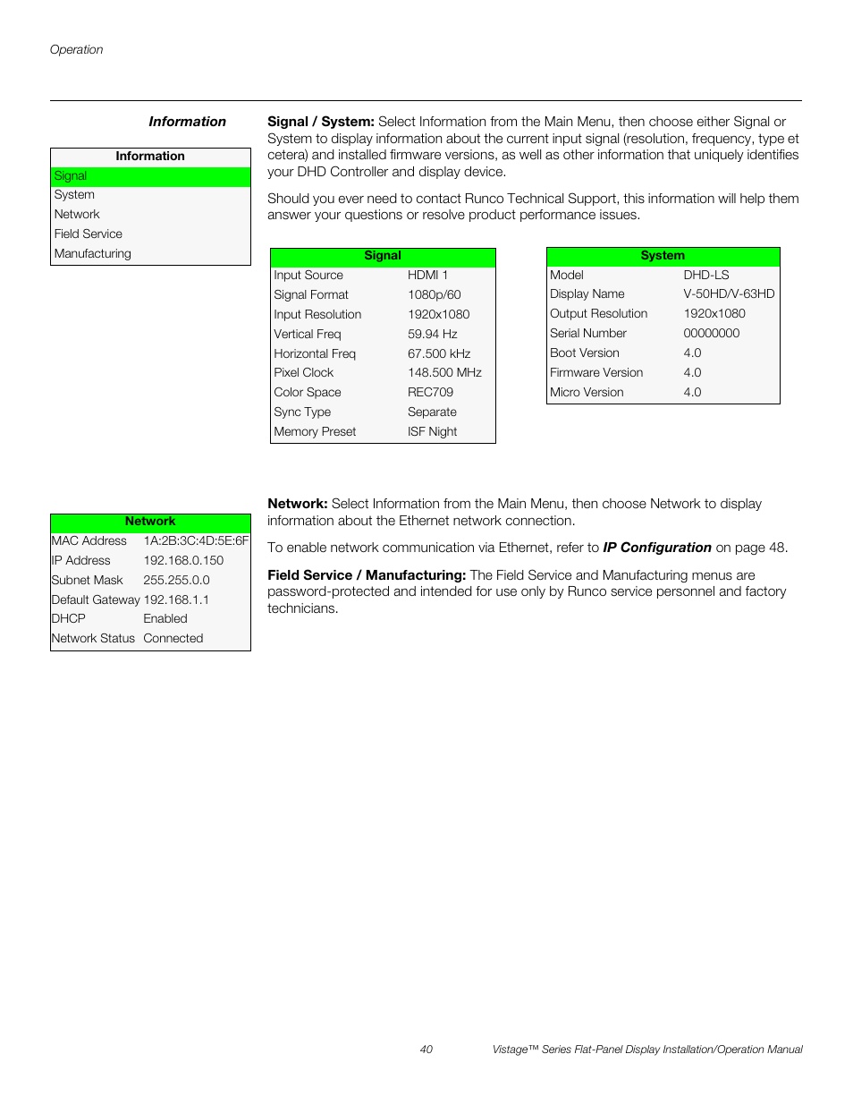 Information, Signal / system, Network | Field service / manufacturing, Pre l iminar y | Runco VISTAGE V-50HD User Manual | Page 54 / 94