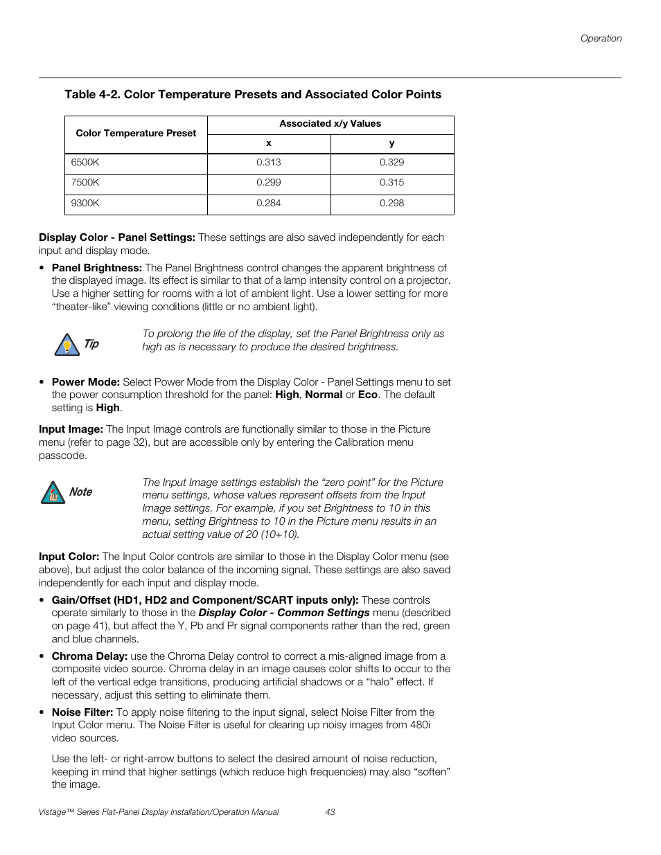 Display color - panel settings, Input image, Input color | Pre l iminar y | Runco VISTAGE V-50HD User Manual | Page 57 / 94