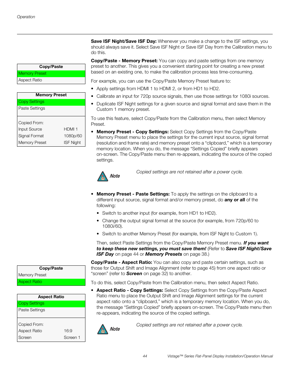 Save isf night/save isf day, Copy/paste - memory preset, Copy/paste - aspect ratio | H 44, Pre l iminar y | Runco VISTAGE V-50HD User Manual | Page 58 / 94