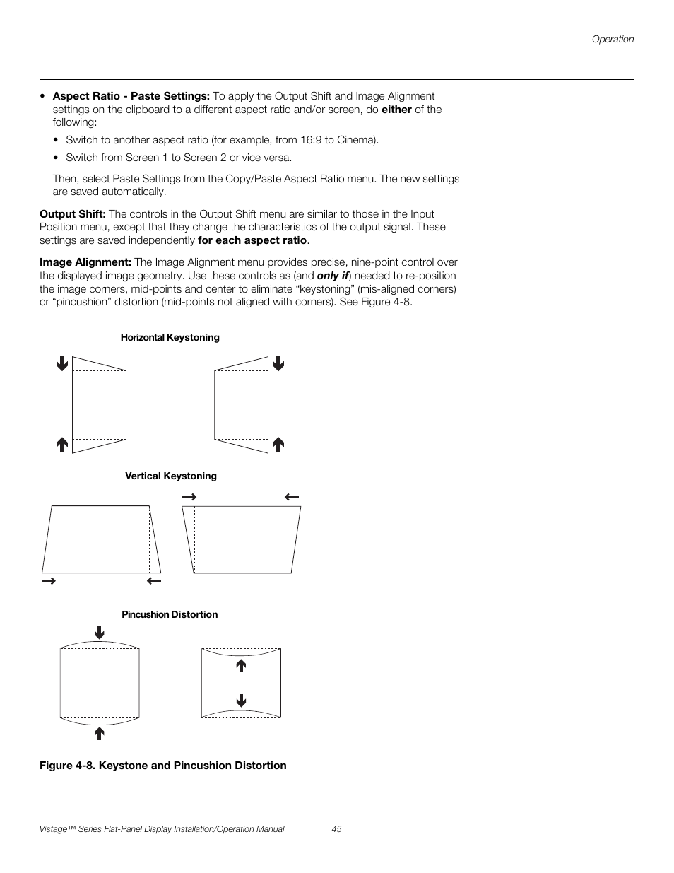 Output shift, Image alignment, Figure 4-8 . keystone and pincushion distortion | 8. keystone and pincushion distortion, Output shift an, E output shift, D image alignment, Pre l iminar y | Runco VISTAGE V-50HD User Manual | Page 59 / 94