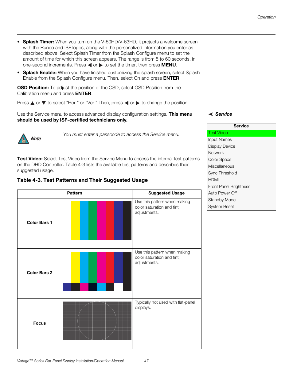 Osd position, Service, Test video | Iminar, Ct service fro, Service m, E service me, Pre l iminar y | Runco VISTAGE V-50HD User Manual | Page 61 / 94