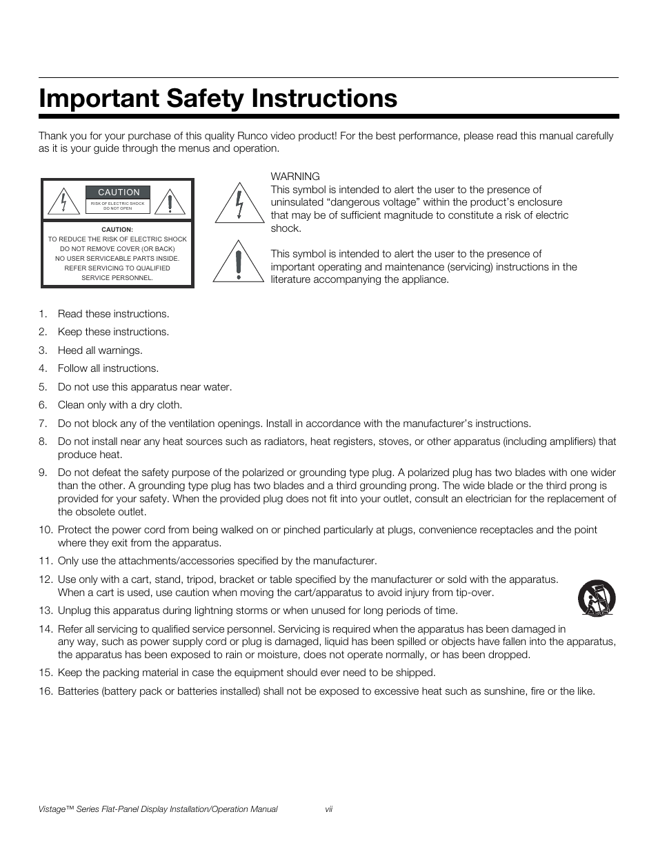 Important safety instructions, Pre l iminar y | Runco VISTAGE V-50HD User Manual | Page 7 / 94