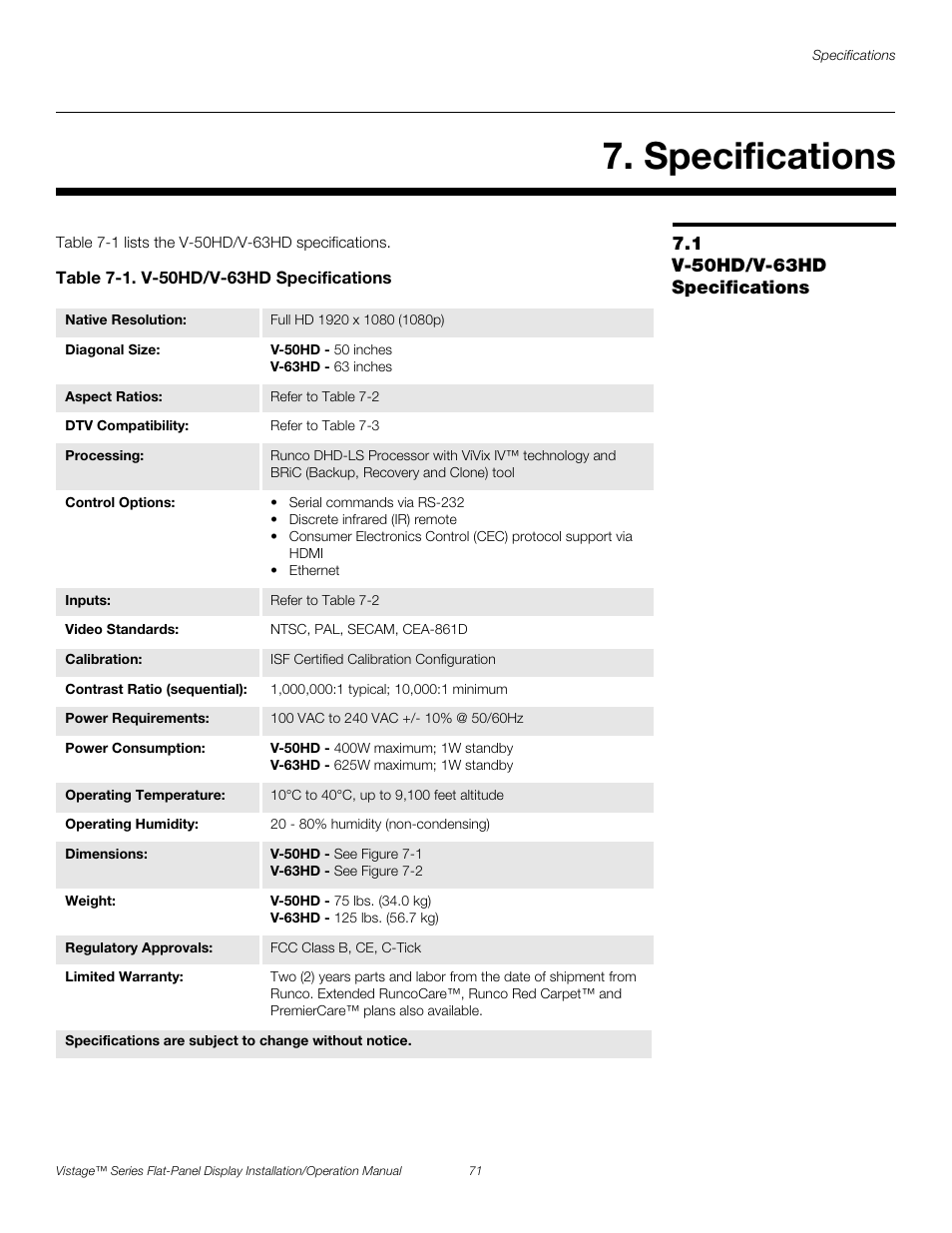 Specifications, 1 v-50hd/v-63hd specifications, Table 7-1 . v-50hd/v-63hd specifications | V-50hd/v-63hd specifications, Pre l iminar y | Runco VISTAGE V-50HD User Manual | Page 85 / 94