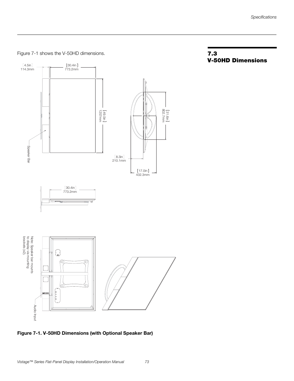 3 v-50hd dimensions, V-50hd dimensions, 1. v-50hd dimensions (with optional speaker bar) | See figure 7-1, Pre l iminar y | Runco VISTAGE V-50HD User Manual | Page 87 / 94