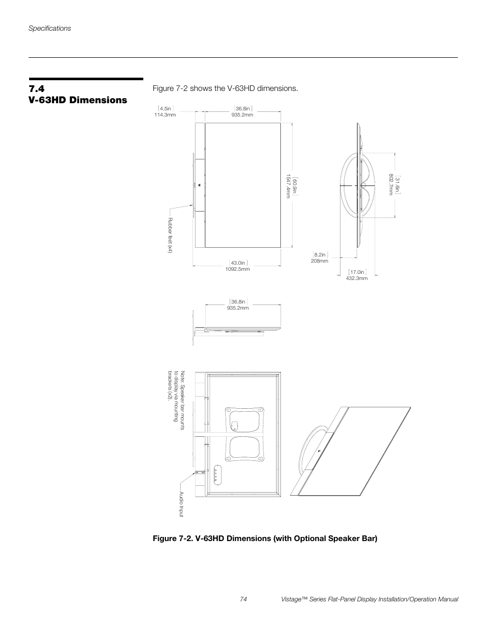 4 v-63hd dimensions, V-63hd dimensions, 2. v-63hd dimensions (with optional speaker bar) | See figure 7-2, Preli m inary | Runco VISTAGE V-50HD User Manual | Page 88 / 94
