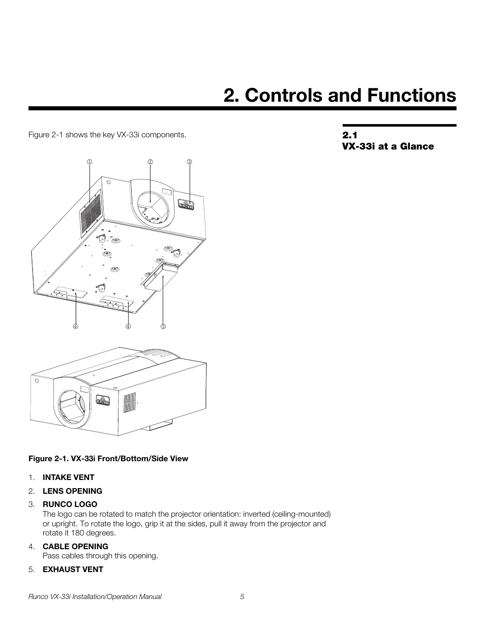 Controls and functions, 1 vx-33i at a glance, Figure 2-1 . vx-33i front/bottom/side view | Iminar, Vx-33i at a glance, 1. vx-33i front/bottom/side view, Pre l iminar y | Runco VX-33I User Manual | Page 21 / 92