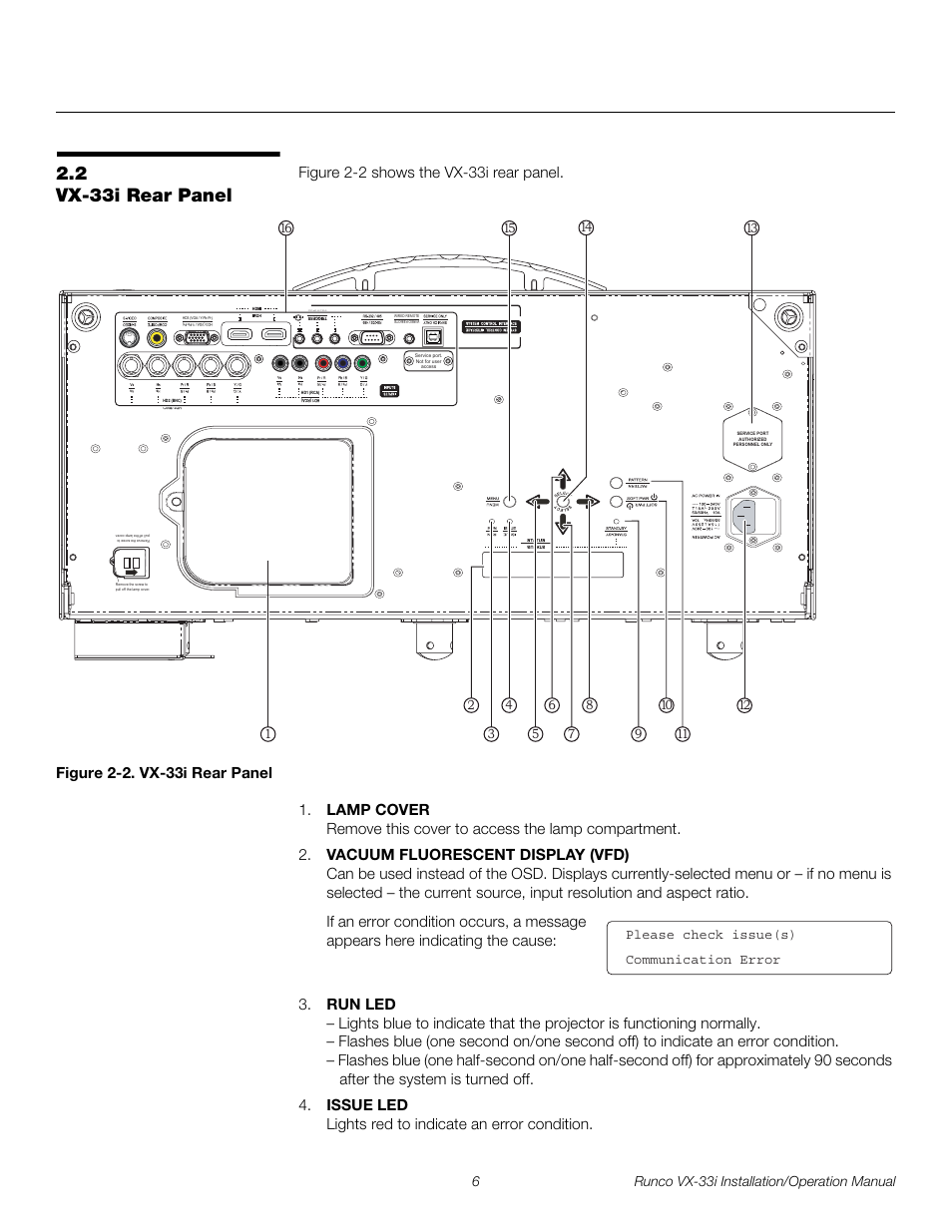 2 vx-33i rear panel, Figure 2-2 . vx-33i rear panel, Vx-33i rear panel | 2. vx-33i rear panel, Pre l iminar y | Runco VX-33I User Manual | Page 22 / 92