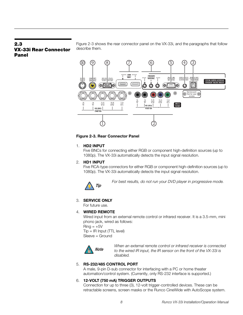 3 vx-33i rear connector panel, Figure 2-3 . rear connector panel, Vx-33i rear connector panel | 3. rear connector panel, Pre l iminar y | Runco VX-33I User Manual | Page 24 / 92