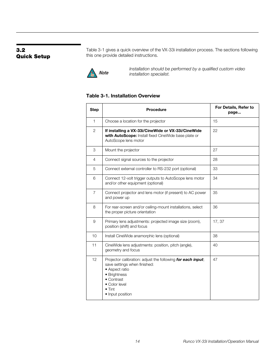 2 quick setup, Table 3-1 . installation overview, Quick setup | Pre l iminar y | Runco VX-33I User Manual | Page 30 / 92