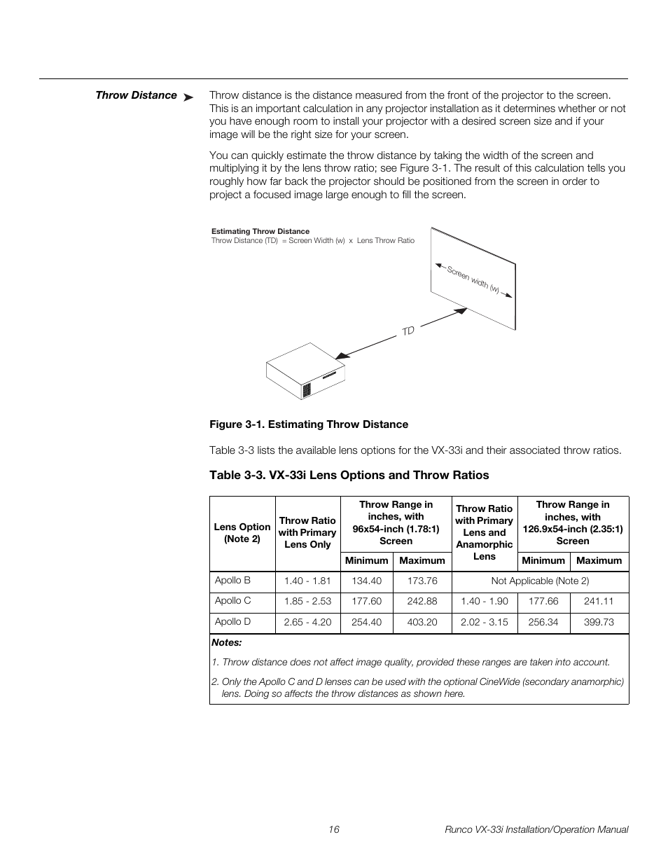 Throw distance, Figure 3-1 . estimating throw distance, Table 3-3 . vx-33i lens options and throw ratios | 1. estimating throw distance, Pre l iminar y | Runco VX-33I User Manual | Page 32 / 92