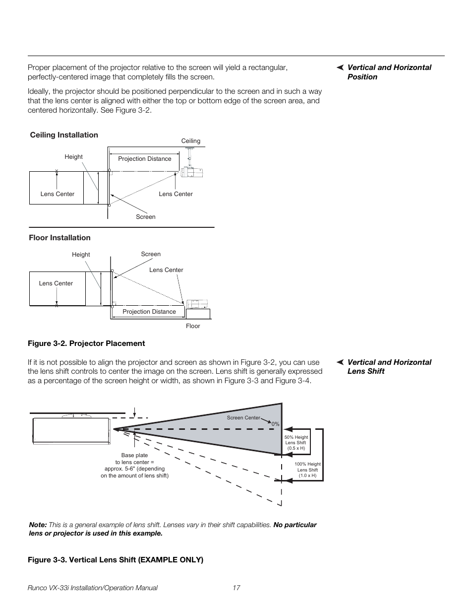 Vertical and horizontal position, Figure 3-2 . projector placement, Vertical and horizontal lens shift | Figure 3-3 . vertical lens shift (example only), 2. projector placement, 3. vertical lens shift (example only), Pre l iminar y | Runco VX-33I User Manual | Page 33 / 92