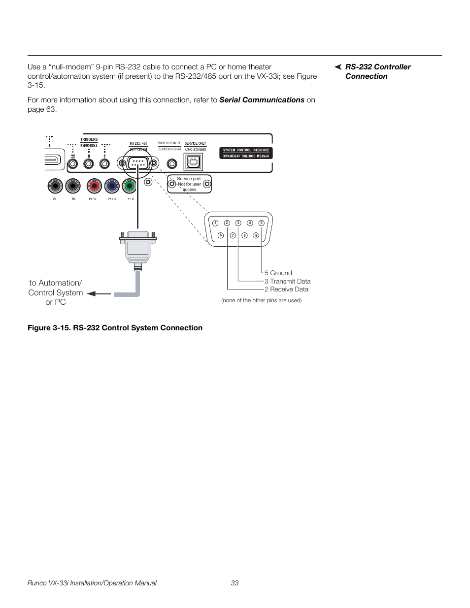 Rs-232 controller connection, Figure 3-15 . rs-232 control system connection, 15. rs-232 control system connection | Pre l iminar y | Runco VX-33I User Manual | Page 49 / 92