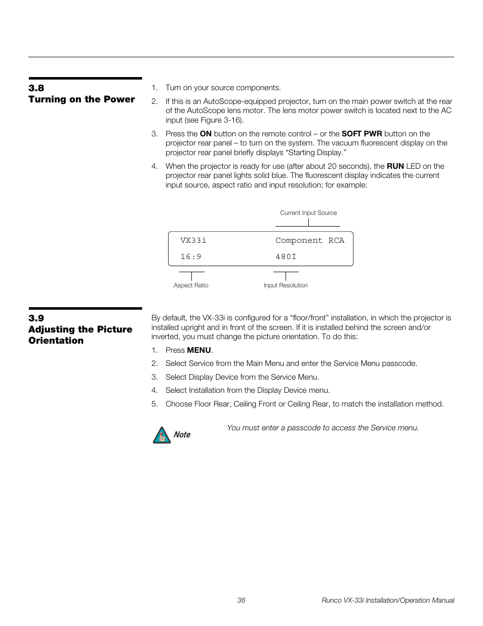 8 turning on the power, 9 adjusting the picture orientation, Turning on the power | Adjusting the picture orientation, Pre l iminar y | Runco VX-33I User Manual | Page 52 / 92
