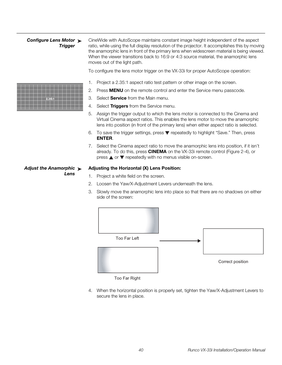 Configure lens motor trigger, Adjust the anamorphic lens, Adjusting the horizontal (x) lens position | Pre l iminar y | Runco VX-33I User Manual | Page 56 / 92