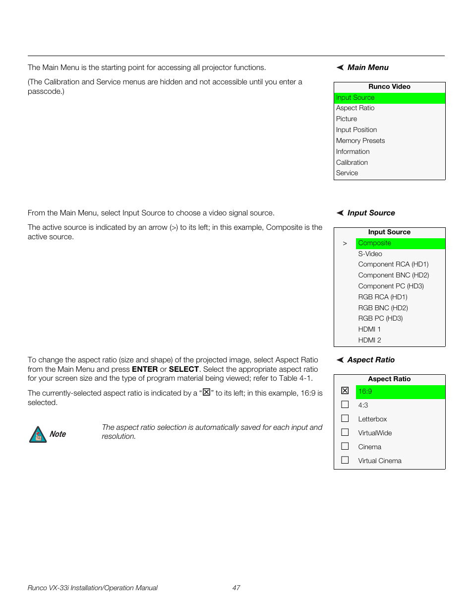 Main menu, Input source, Aspect ratio | Pre l iminar y | Runco VX-33I User Manual | Page 63 / 92