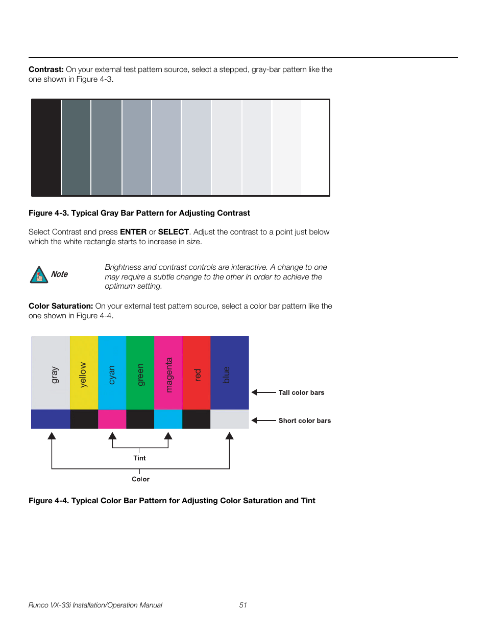 Contrast, Color saturation, 3. typical gray bar pattern for adjusting contrast | Pre l iminar y | Runco VX-33I User Manual | Page 67 / 92