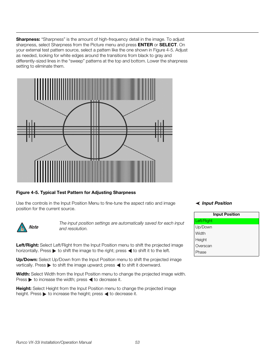 Sharpness, Input position, Left/right | Up/down, Width, Height, 5. typical test pattern for adjusting sharpness, Pre l iminar y | Runco VX-33I User Manual | Page 69 / 92