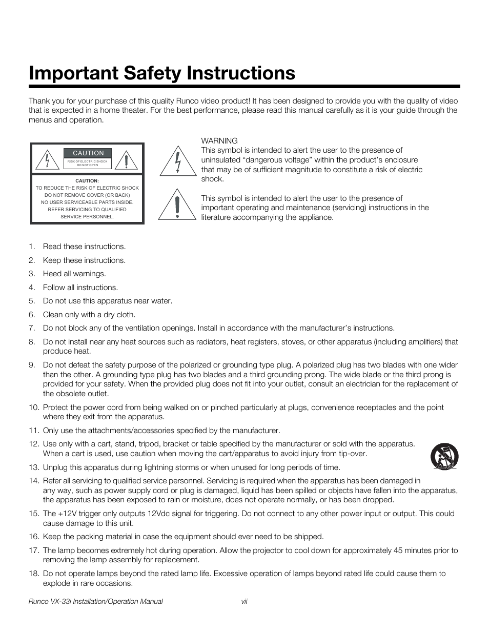 Important safety instructions, Pre l iminar y | Runco VX-33I User Manual | Page 7 / 92