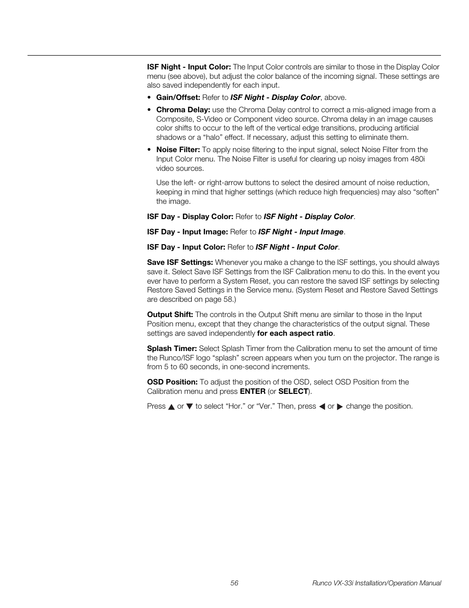 Isf night - input color, Isf day - display color, Isf day - input image | Isf day - input color, Save isf settings, Output shift, Splash timer, Osd position, Pre l iminar y | Runco VX-33I User Manual | Page 72 / 92